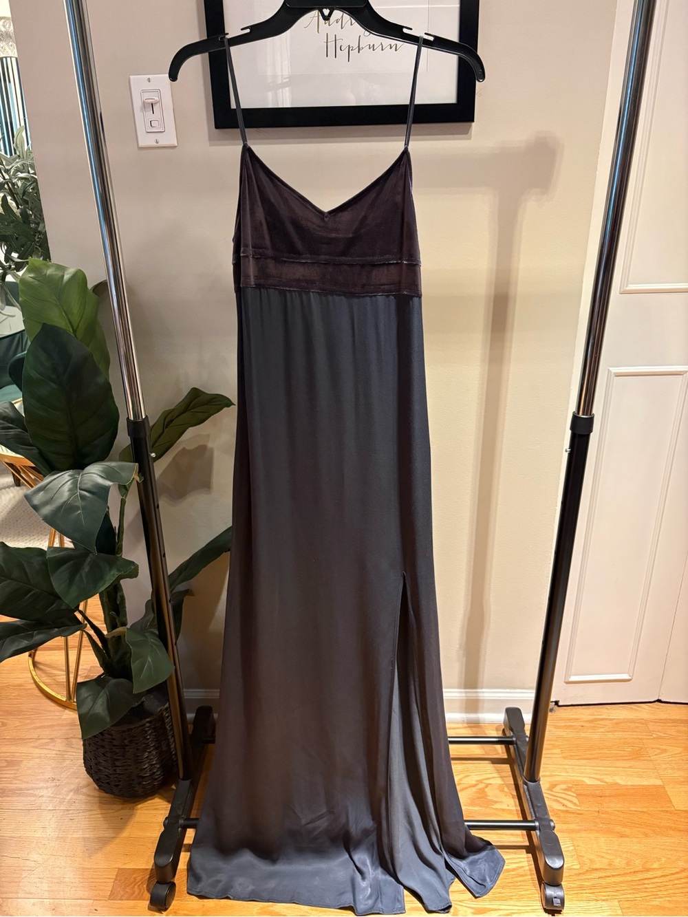 NWOT Leith Steel Blue Velvet and Satin Slip Maxi Dress with Thigh Split - Size S